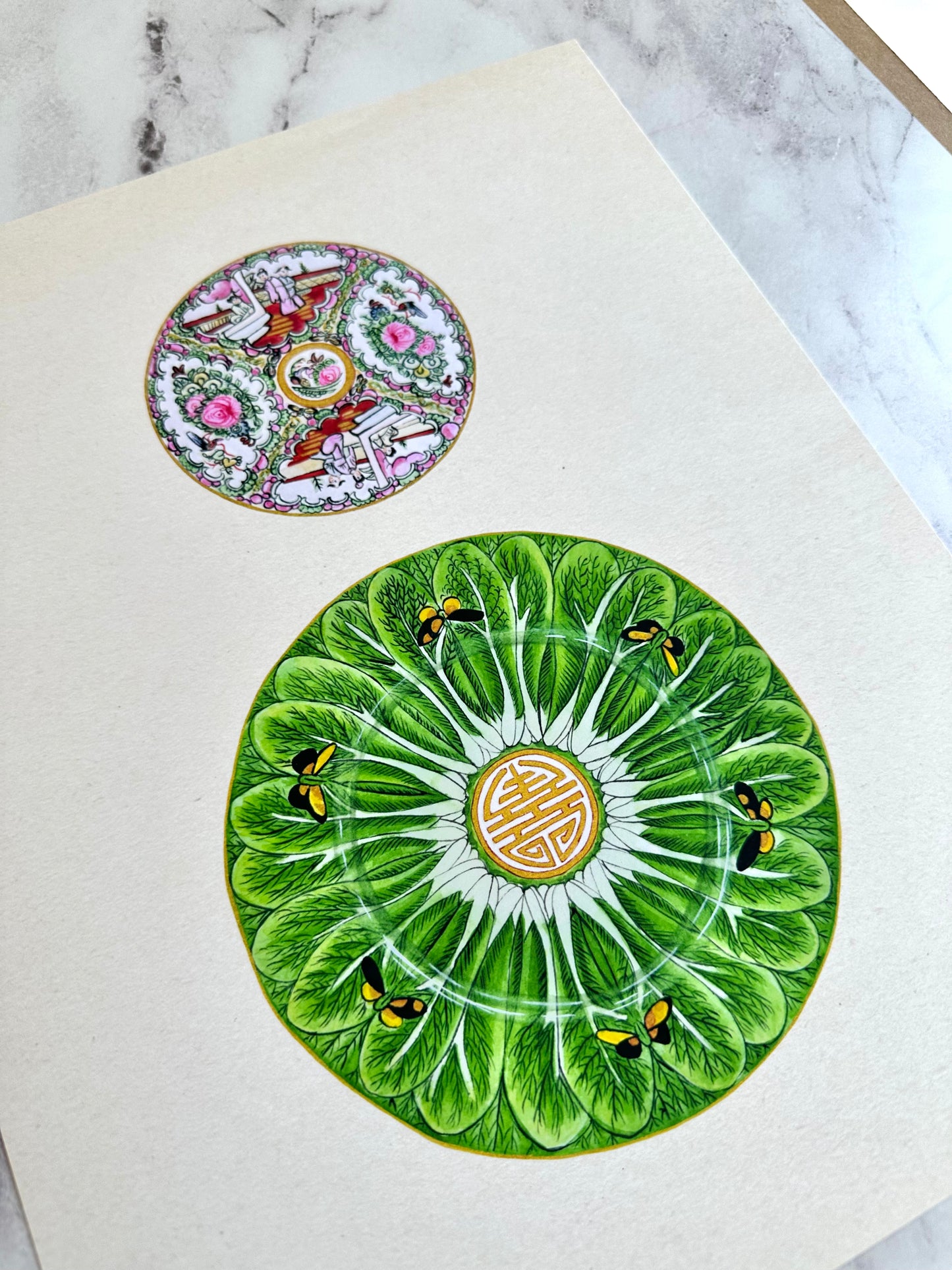 Rose Medallion + Bok Choy Plates Print
