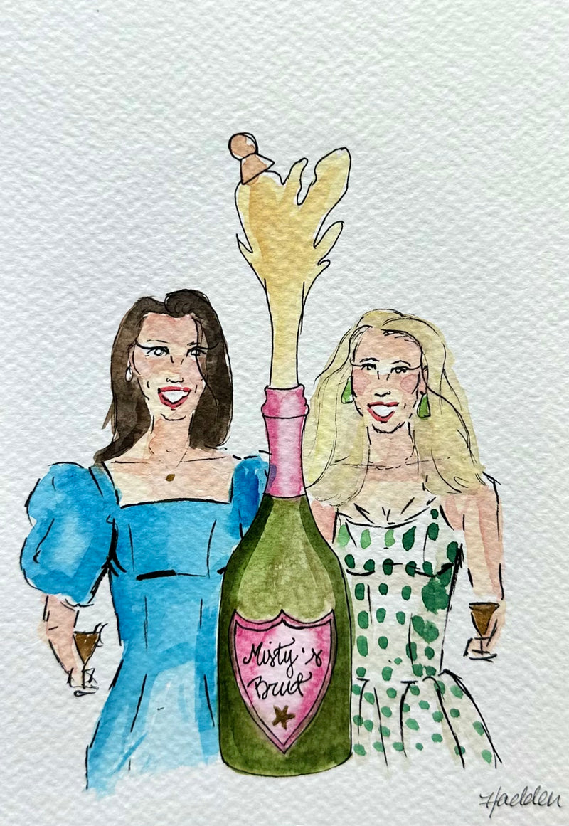 Watercolor portrait of two women holding champagne glasses with a popped bottle of champagne between them
