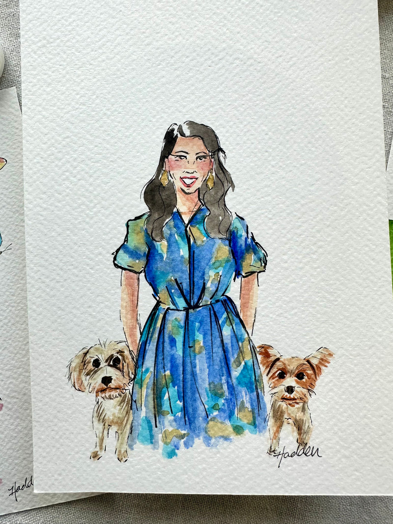 Watercolor illustration portrait of woman with brown hair and blue dress with two small dogs