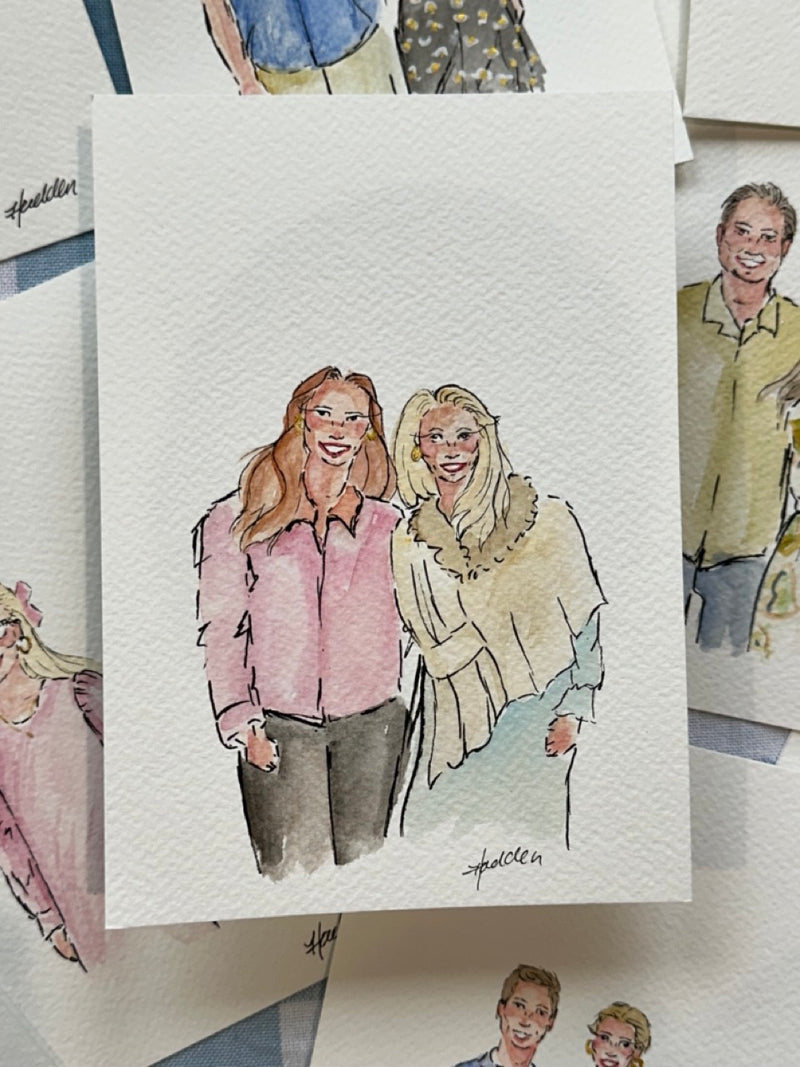 small watercolor portrait illustration of mother and daughter laying on top of a background of other portraits