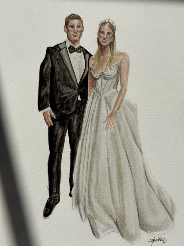 Bride and groom watercolor portrait on white background