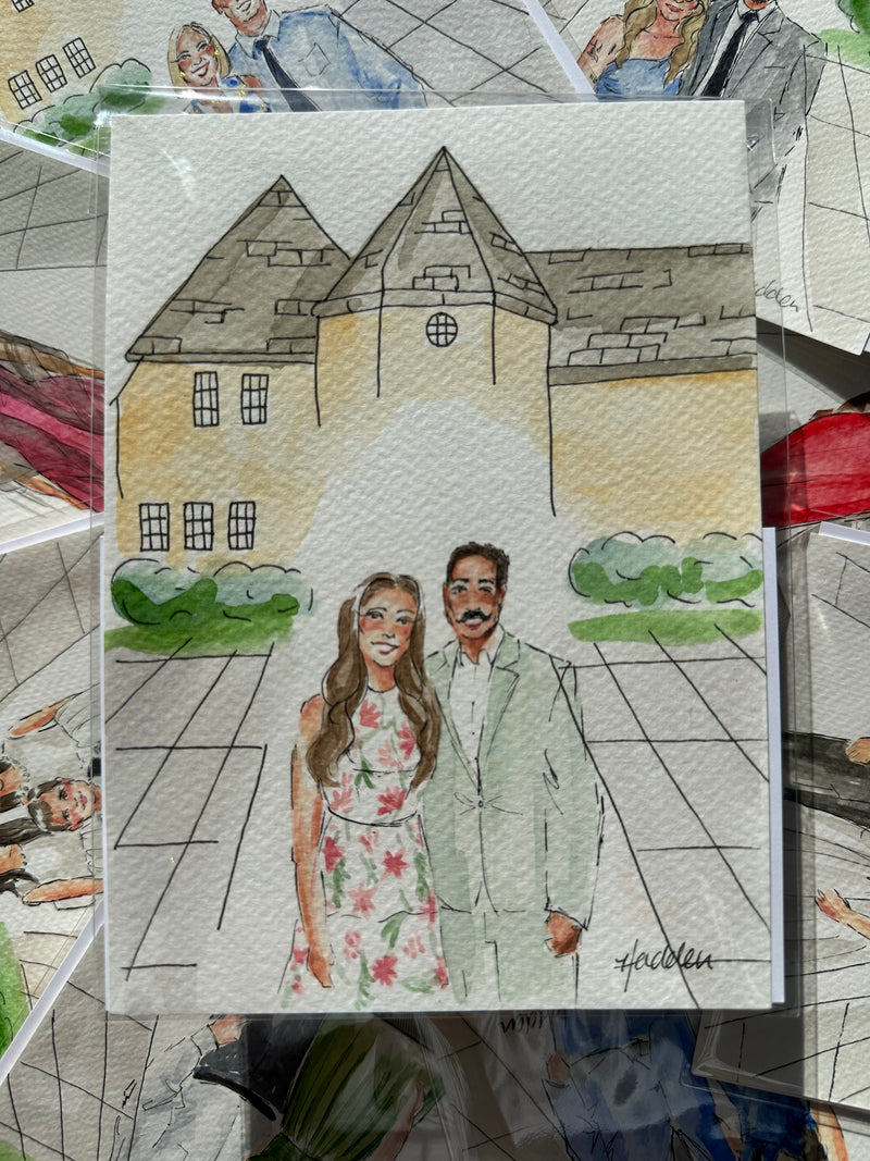 Watercolor portrait illustration of a man and woman with a mansion background