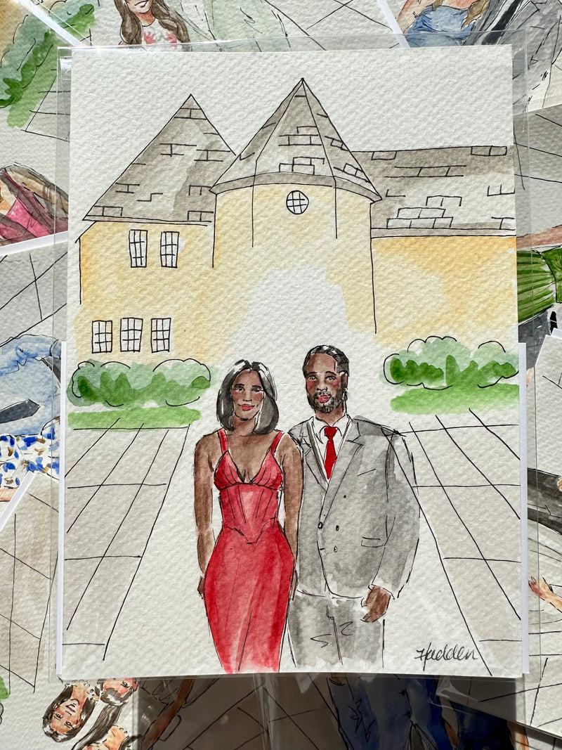 Watercolor portrait illustration of a man and woman standing in front mansion wedding venue
