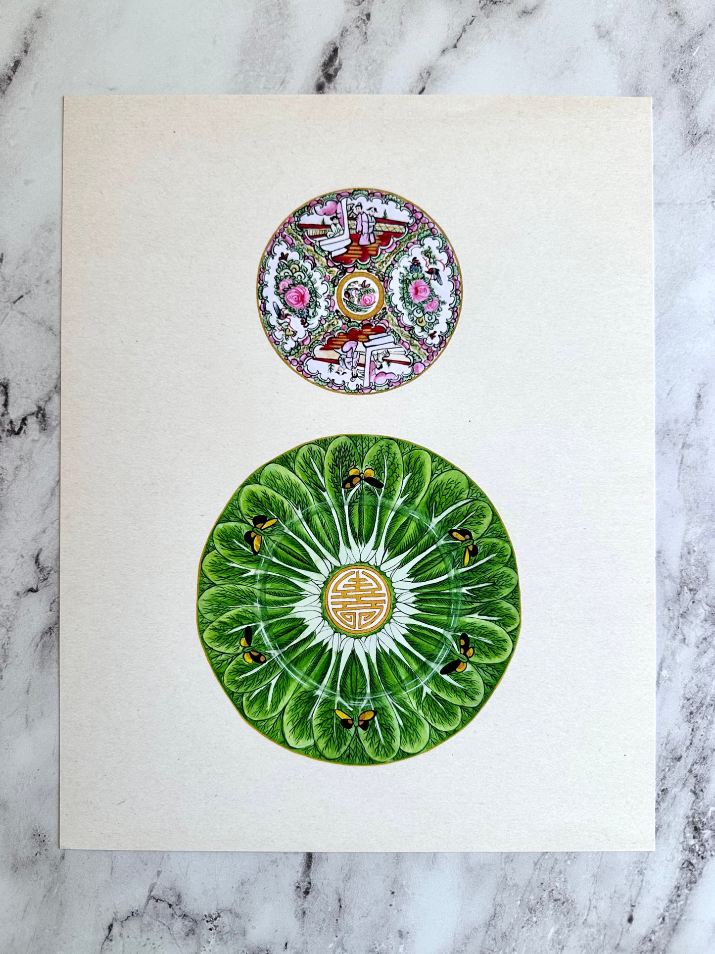 Rose Medallion + Bok Choy Plates Print