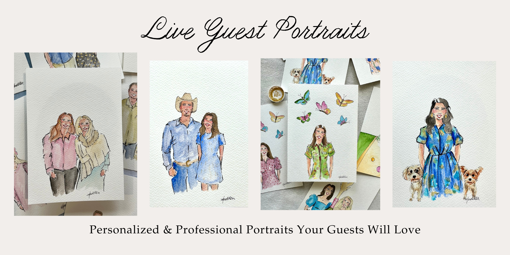 Collage of watercolor personalized guest portraits with text 'Live Guest Portraits' and 'Personalized & Professional Portraits Your Guests Will Love'.